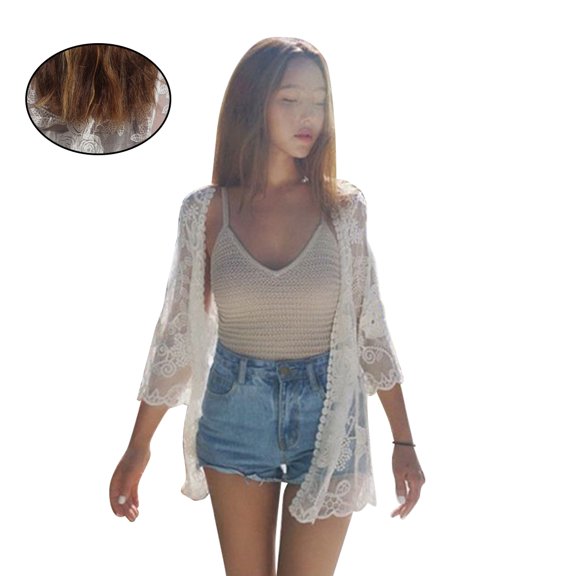 FESTFENDS White Lace Beach Bikini Blouse Lightweight Long Sleeve Blouse for Skin Protection