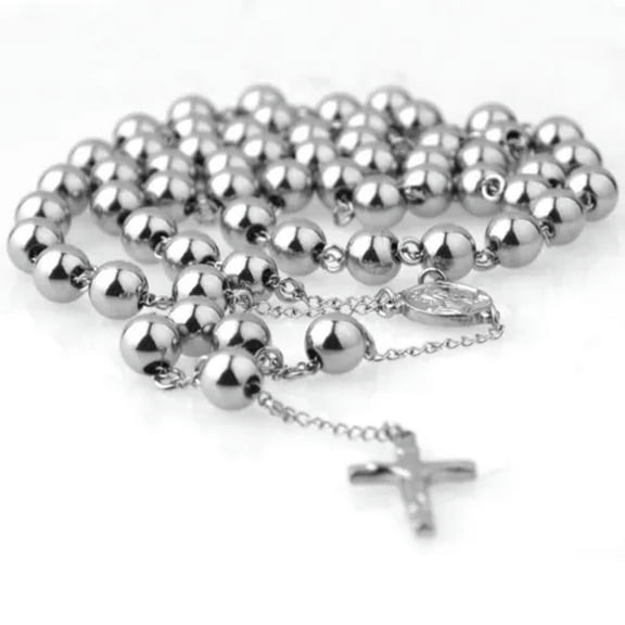 QQTDFG MENS Stainless Steel 10mm 34" Rosary Bead Necklace Crucifix Cross Chain Jewelry-Silver