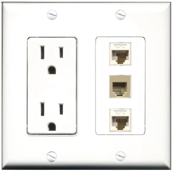 RiteAV - 15 Amp Power Outlet 1 Port Phone Beige 2 Port Cat6 Ethernet Ethernet White Decorative Wall Plate