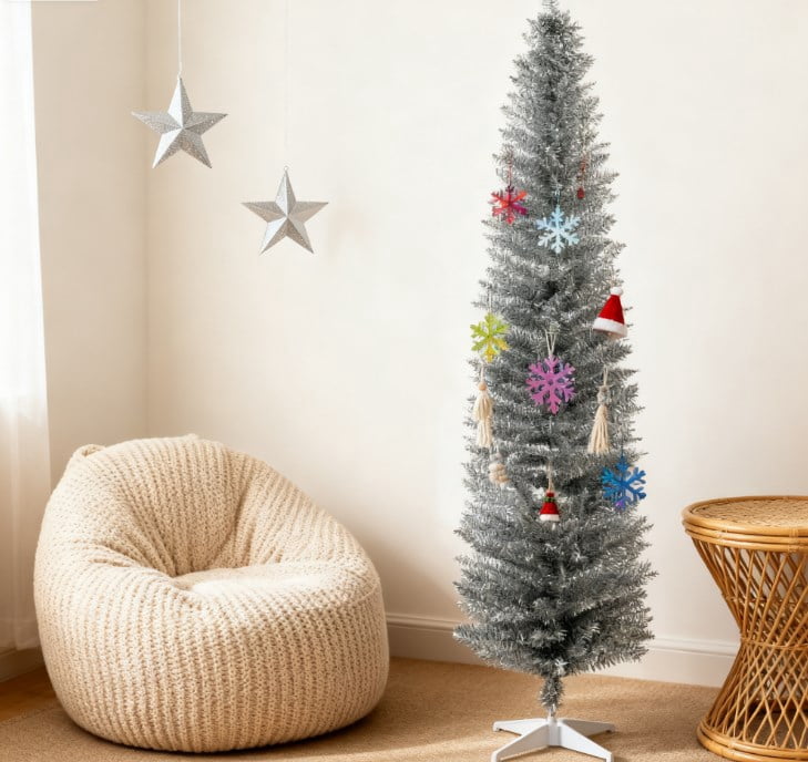 7ft Unlit Silver Pencil Christmas Tree 499 Tips Easy Assembly Plastic Base Small Space Holiday Decor