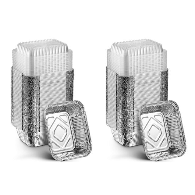 100X Disposable Takeaway Pan with Transparent Lid, Rectangular Aluminum Foil Tray, Tightly Sealed, 410ml Capacity
