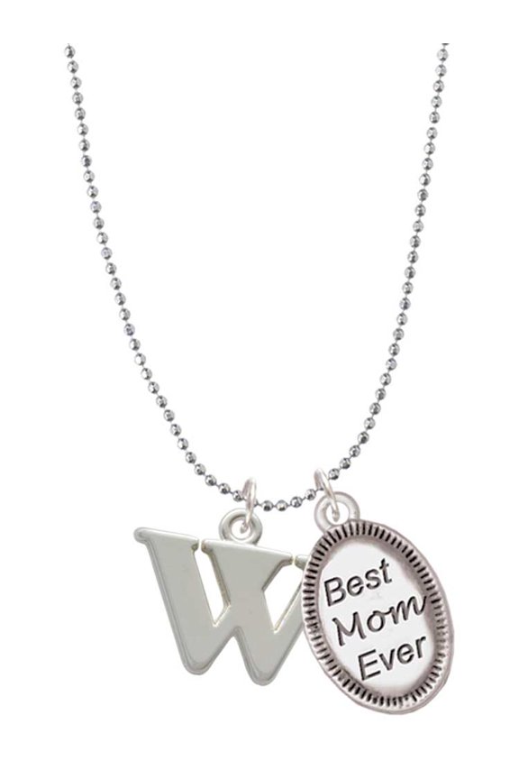 Silvertone Large Initial - W - Best Mom Ever Charm Necklace