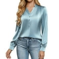 thumbnail image 5 of Dazajoo Womens Business Casual Tops Dressy Work Long Sleeve Shirts Cute Silk Satin V Neck Blouses,Light Blue,M, 5 of 8