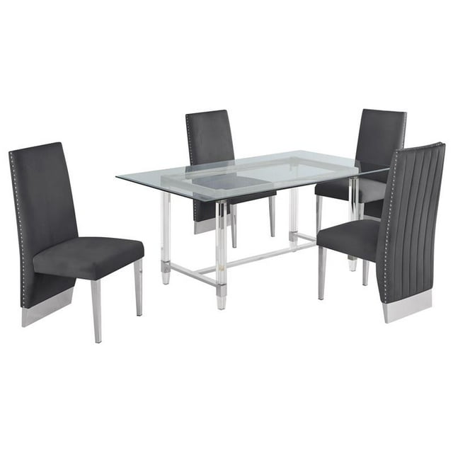 5pc. 68" x 40" Glass Dinette Set with 4 Chairs and Silver Stainless Steel