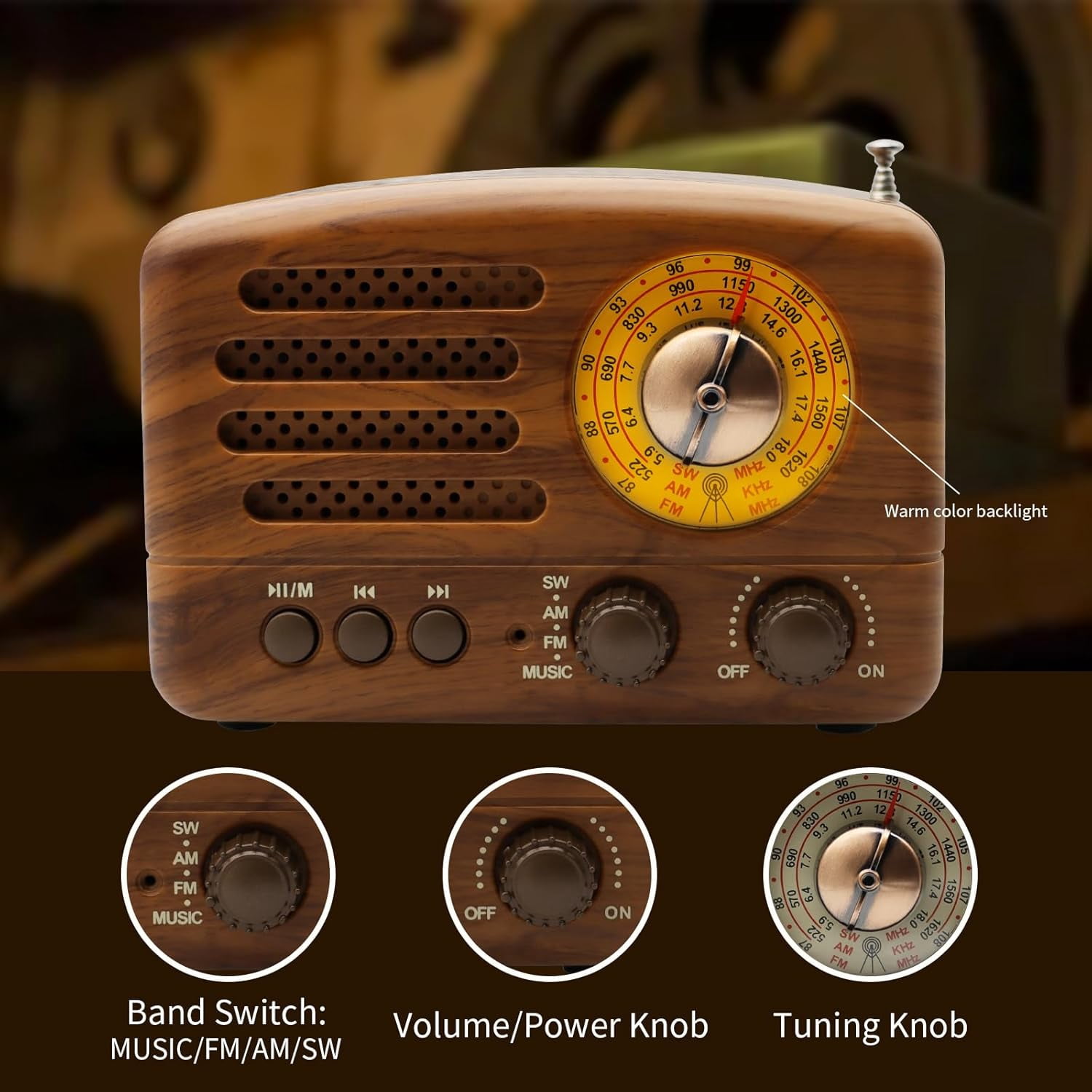 Portable Vintage Radio, Retro AM/FM Bluetooth Radio, Rechargeable Small Radios with Best Reception Wireless Speaker, Support TF Card AUX USB MP3 Player, Easy to Use, Gifts for Seniors Kids