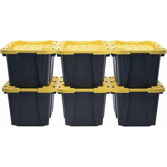 CX BLACK & YELLOW, 12-Gallon Heavy Duty Tough Storage Container & Snap-Tight Lid, (12.51"H x 16.3"W x 21.8"D), Weather-Resistant Design and Stackable Organization Tote [6 Pack]