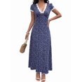 thumbnail image 3 of Women'S Floral Lace Trim Deep V Neck Dress Short Sleeve Flared Long Dresses Dark Blue S, 3 of 9