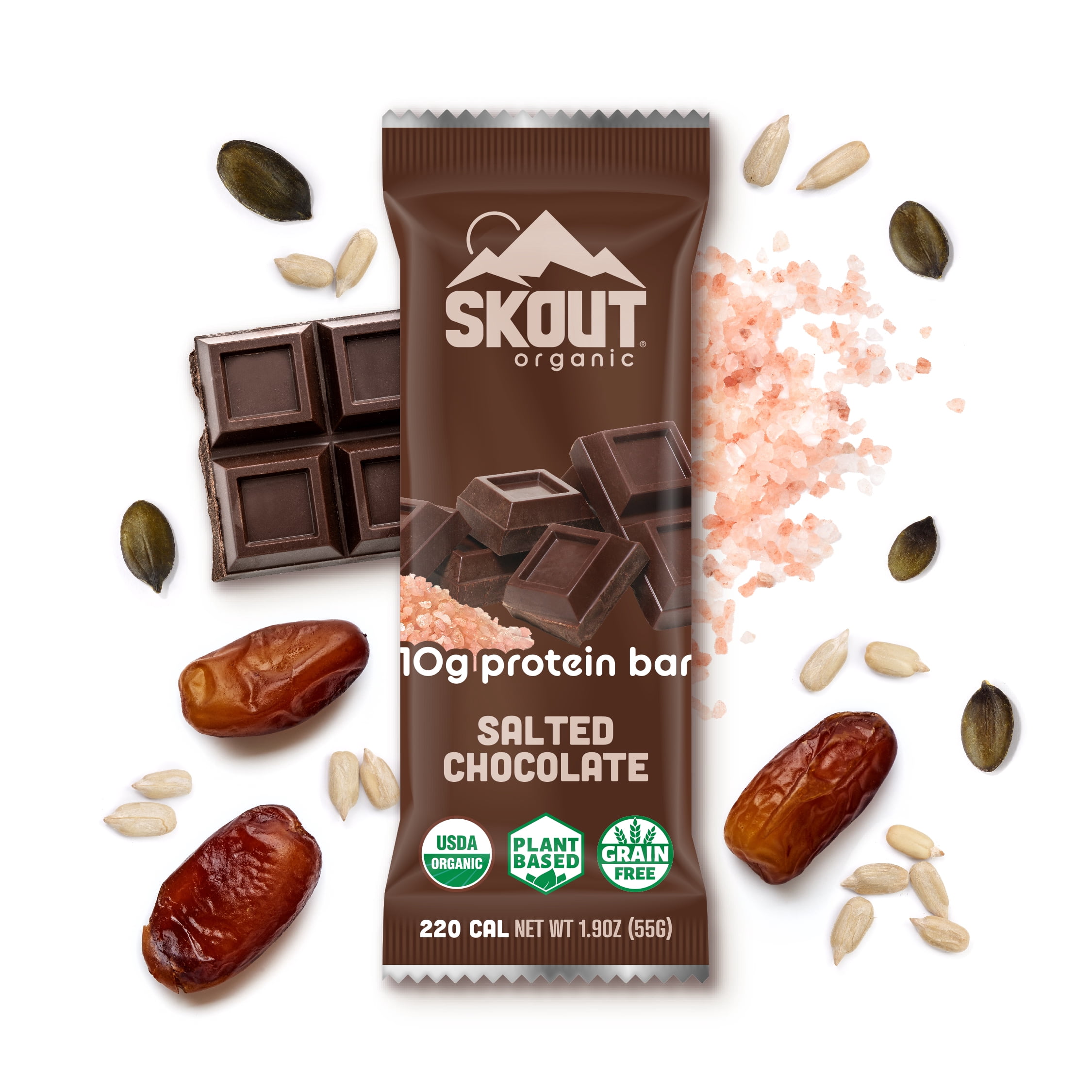 Skout Organic Protein Bars, Salted Chocolate, 4 Bars, 10g Protein, 1.9 Oz each