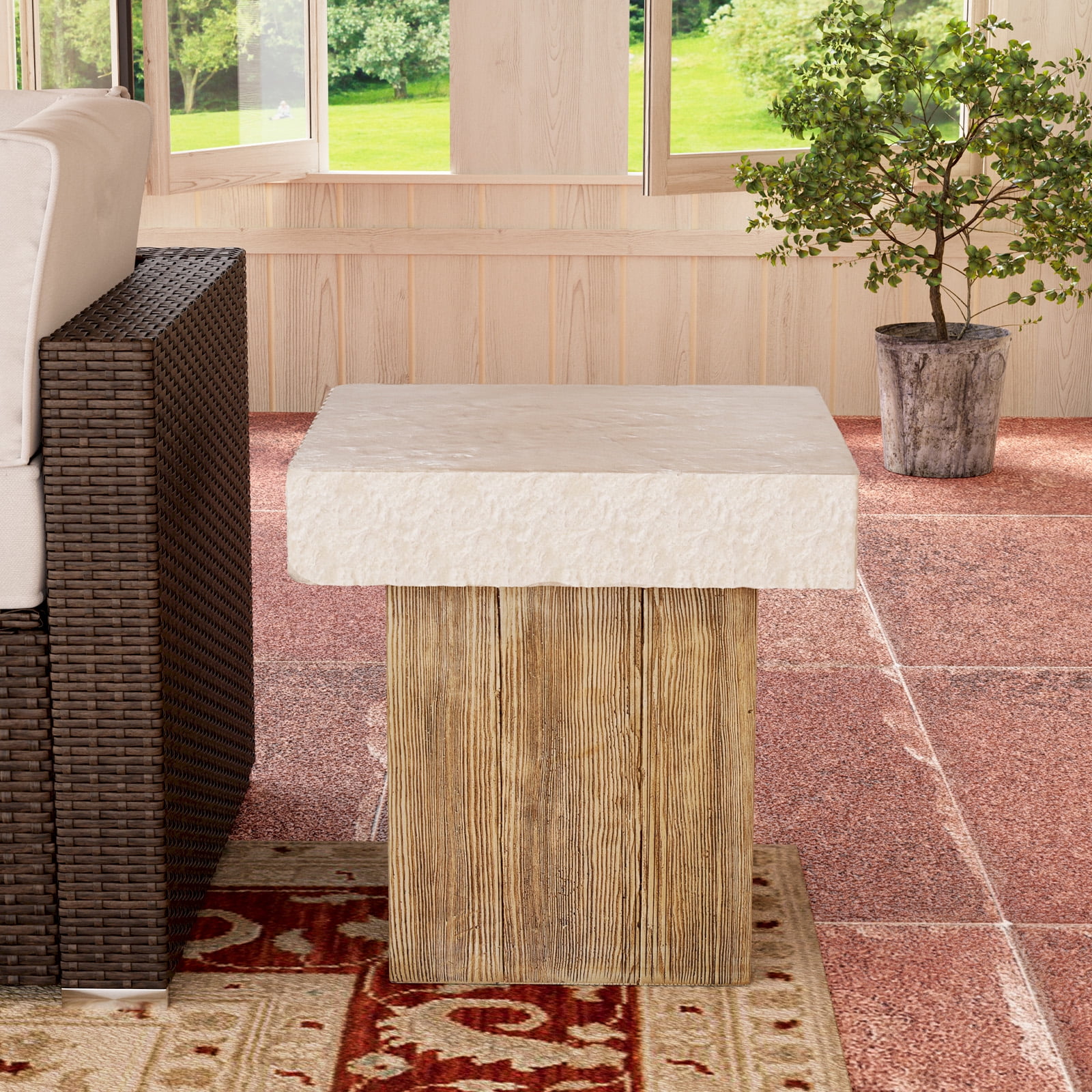 COSIEST Outdoor Medium Side Table, Patio Coffee Table, 19.7 inches Square MgO Table with Faux Wooden Pedestal Base, End Table for Patio, Garden, Backyard, Antique Beige