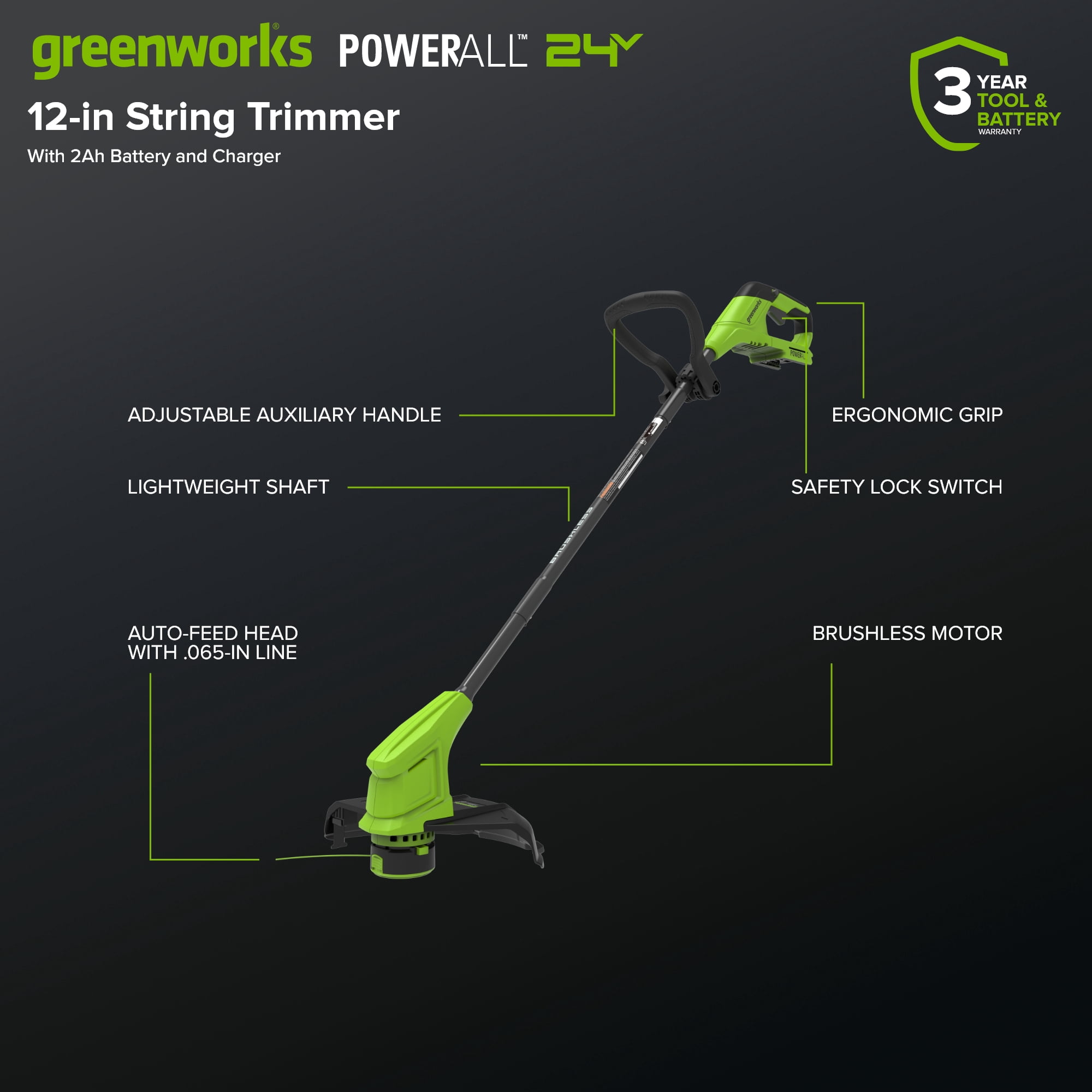 Greenworks 24V 12" Brushless String Trimmer Kit, Auto-Feed, 3-Piece Shaft, 2.0Ah USB-C Battery, 30W USB-C GAN Charger, 4.08lbs (Without Battery), 3-Year Warranty