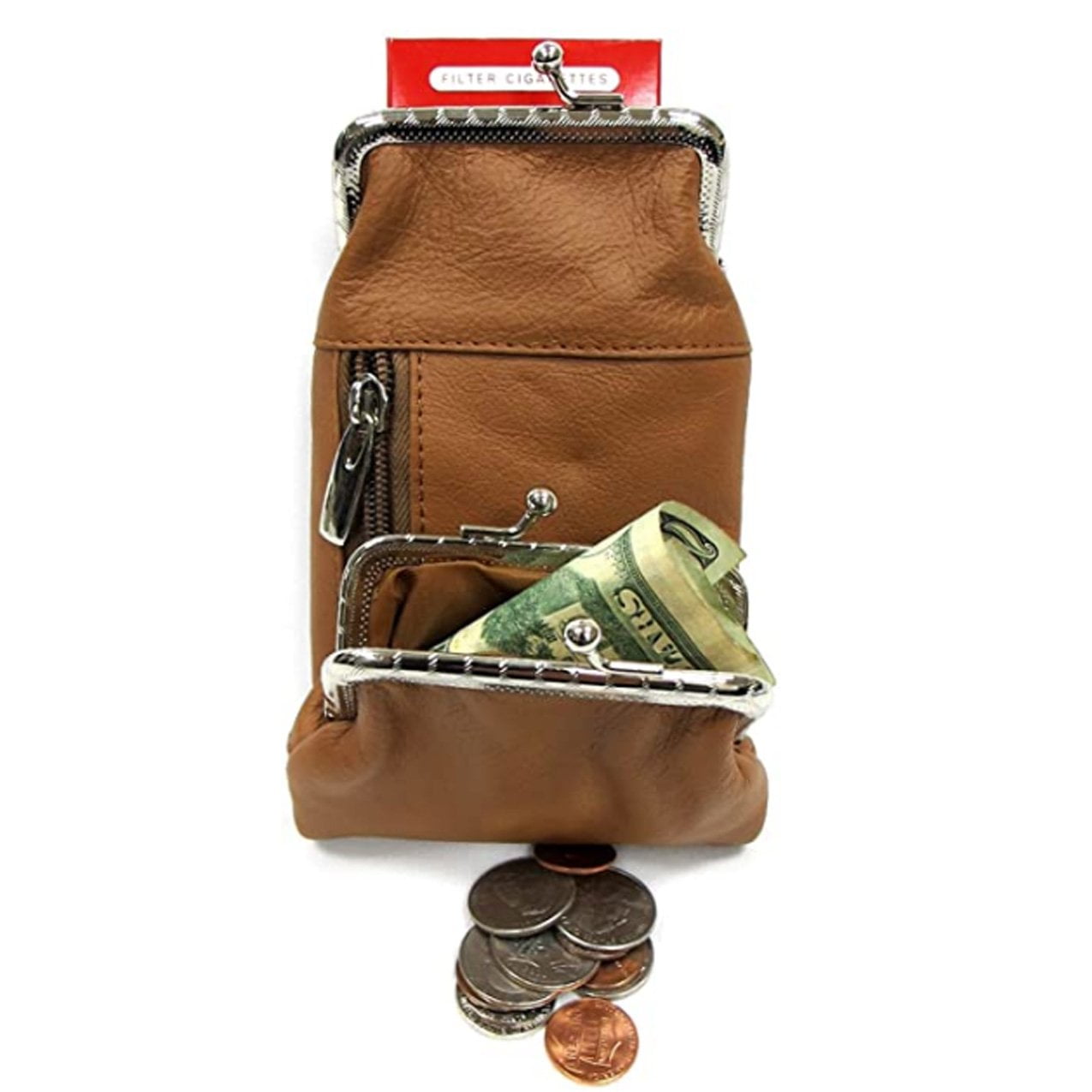 Cigarette Case Holder w Lighter Women Leather Cigarettes 100s Pack Purse Pouch Coin Ciggerate Wallet Framed Cases 9  4  2.5" 5.5  4  2.5", Cream Kiss Lock Stash & Coin Purse