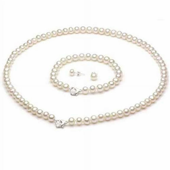 ADDURN 8-9mm White Freshwater Pearl Heart-Shape Sterling Silver Necklace (18"), Bracelet (7") Set with Bonus Pearl Stud Earrings