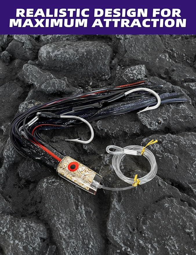 BLUEWING 15in Big Game Trolling Lure with Double Rigged Hookset and 300lb High Strength Fishing Line Saltwater Fishing Lures for Wahoo Tuna Marlin Mahi Mahi Black/Purple