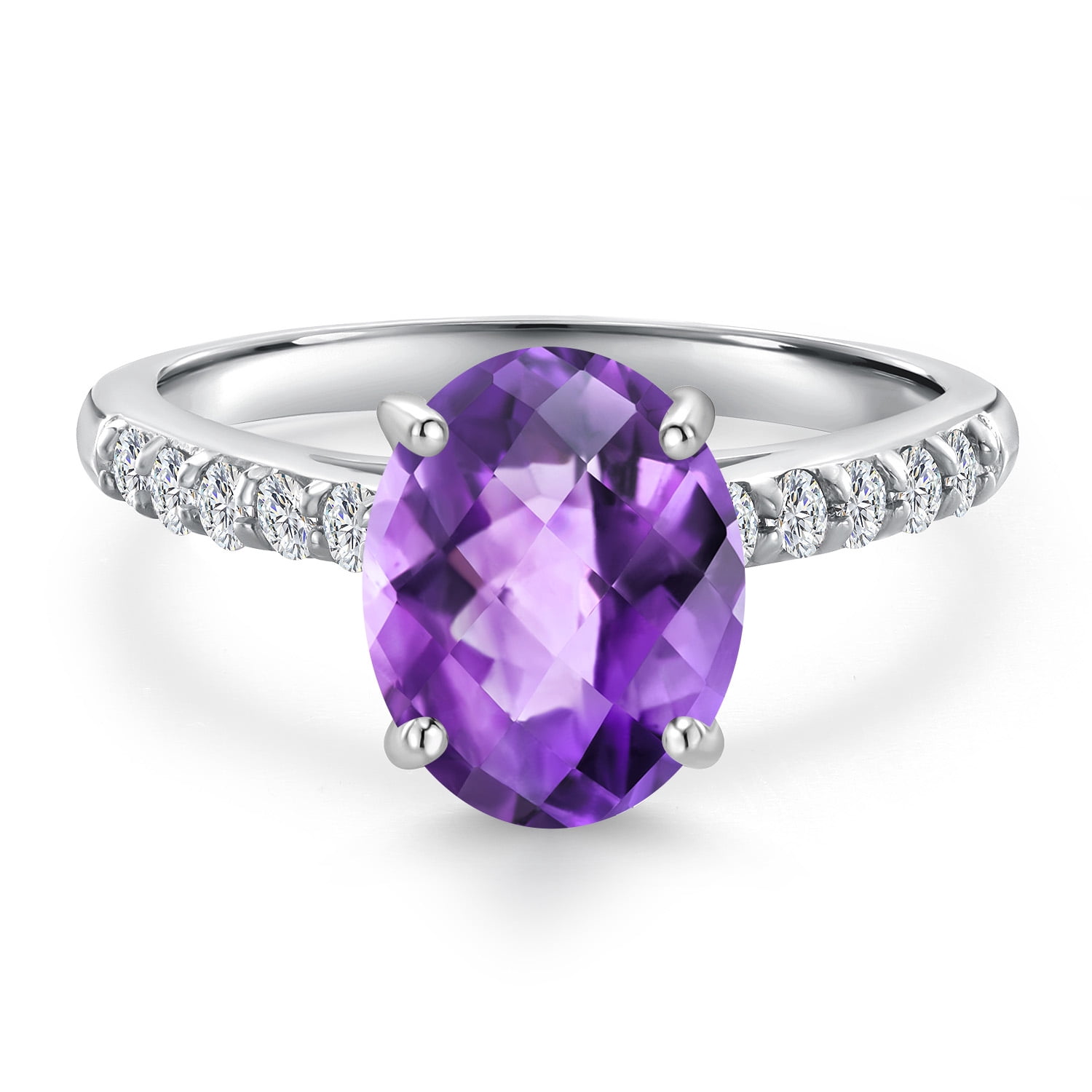 Gem Stone King 10K White Gold Purple Amethyst and Lab Grown Diamond Engagement Ring for Women | 1.70 Cttw | Oval Checkerboard 9X7MM | Gemstone February Birthstone | Size 9