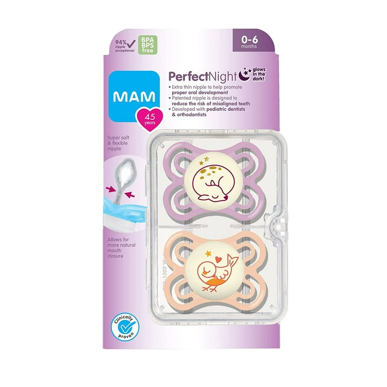 MAM Perfect Night Baby Pacifier, Patented Nipple, Glows in the Dark, 0-6  Months, Girl, 2 Count (Pack of 1)