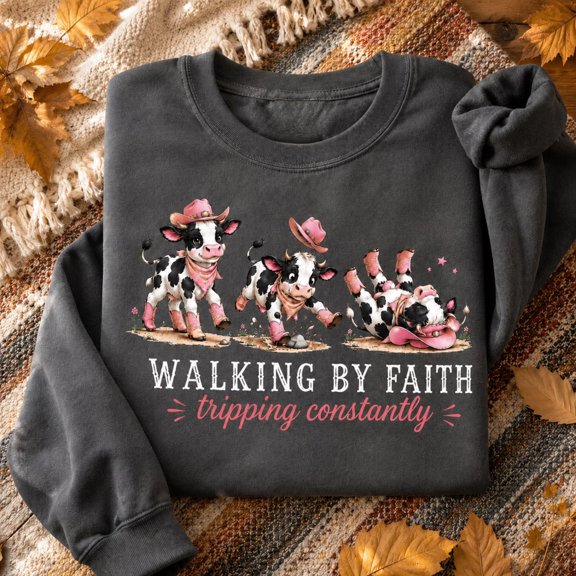 Christian Day Shirt, Walking by Faith Tripping Constantly Cow Sweatshirt, Funny Christian Hoodie, Faith-Based Easter Gift for Women