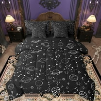Manfei Mystic Astrology Kids 7-Piece Twin Bedding Sets, Outer Space Planet Bedding Comforter Set, Black White Cartoon Reversible Sheet Sets, Lightweight Room Decor