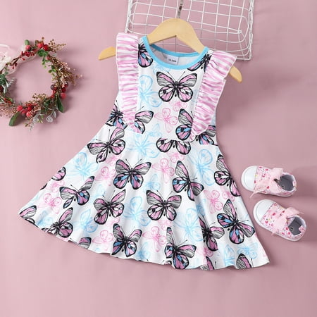

Tking Fashion Toddler Kids Baby Girls Ruffled Sleeve Butterfly Striped Princess Dress Clothes Multicolor 120