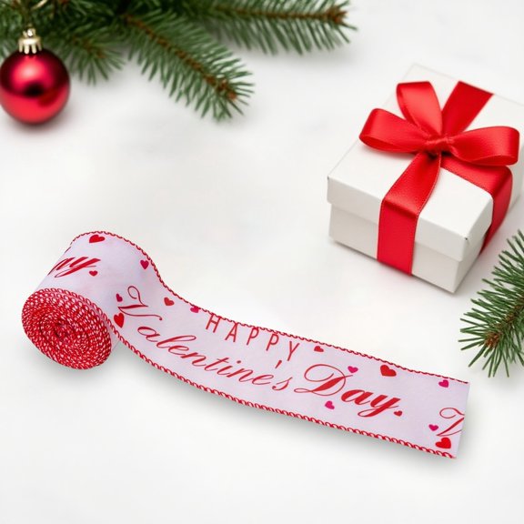 Valentine's Day Wired Edge Ribbon Pink Heart Fabric Ribbon Double-Sided Craft Ribbon for Wedding Anniversary Birthday DIY Wreath Bow Making,Valentine's Day Satin Ribbon For Wrapping