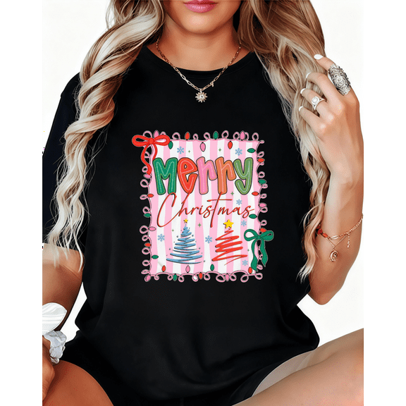 Women's cotton Black S-5XL Graphic T-Shirt Merry Christmas Tree & Bow Print Casual Tee Top for Holiday & Fashion Lovers, Short Sleeve T-Shirt Tops