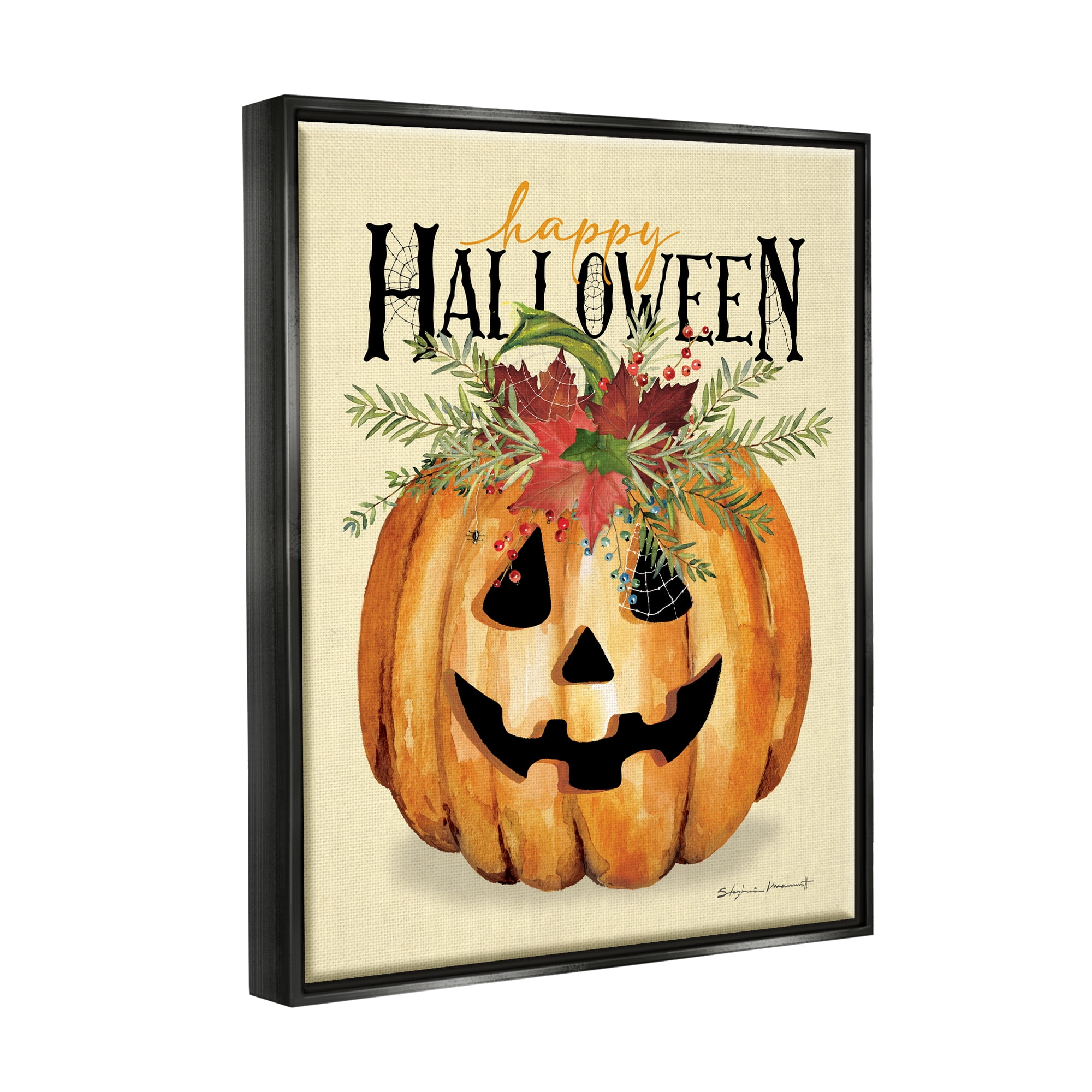 Stupell Industries Happy Halloween Jack-o-Lantern Holiday Painting Black Floater Framed Art Print Wall Art