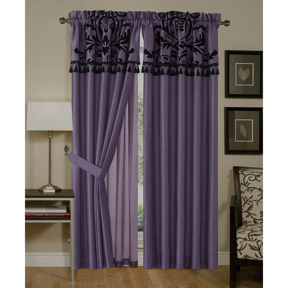 Chezmoi Collection Nobility 4-Piece Flocked Floral Faux Silk Window Curtain Set with Sheer Backing Valance, Violet/Black