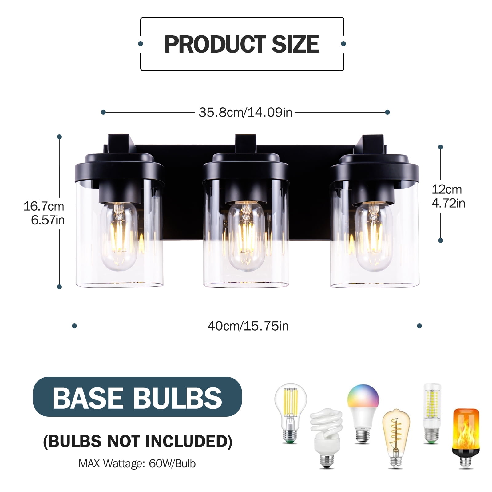 3-Light Black Bathroom Vanity Light, Modern Vanity Lighting Fixture for Bathroom, 15.75" Matte Light Fixture, Wall Sconces with Clear Glass Shade, Black Bathroom Wall Light Over Mirror