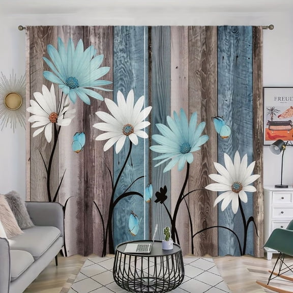 WNOOHIY Blue White Daisy Butterfly Rustic Wood Grain Light Filtering Curtains for Living Room Bedroom, Set of 2 Panels