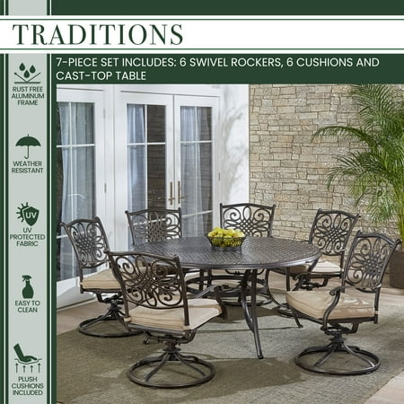 Hanover Traditions 7-Piece Rust-Free Aluminum Outdoor Patio Dining Set with Tan Cushions, 6 Swivel Rockers and Aluminum Round Dining Table, TRADDN7PCSWRD6