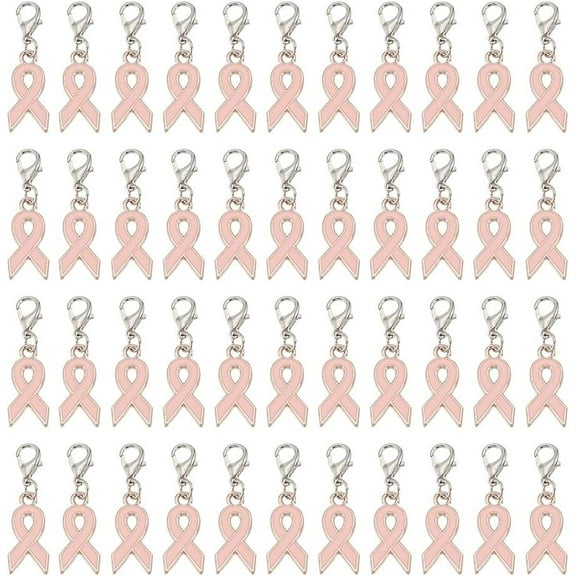 60Pcs Pink Ribbon Pendant 35mm Plastic Enamel Ribbon Dangle Pendant Ribbon Charms with Lobster Claw Clasps Breast Cancer Awareness Ribbon Pendant for Jewelry Making