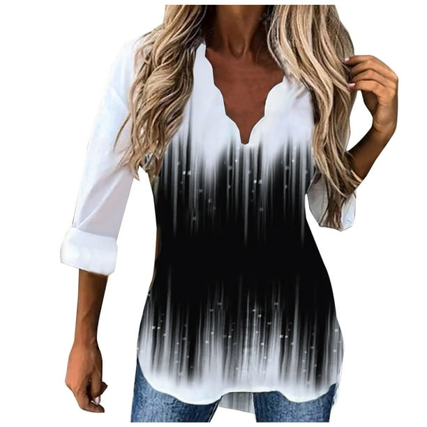 Blusa de manga larga con estampado de cuello en V suelto informal para mujer de talla grande Fridja fjkfkj3689