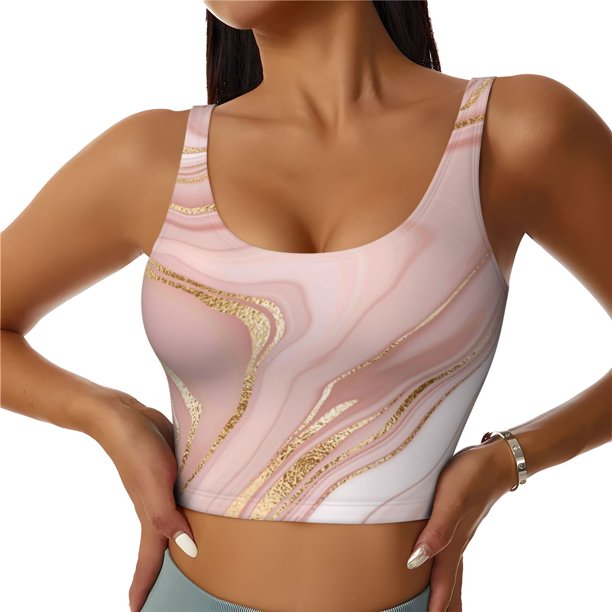 Fotbe Rose Gold Glitter Splatter Sujetador Deportivo Largo sin Aros para Mujer con Almohadillas y Soporte Medio, Transpirable y Absorbente, Camiseta Tipo Chaleco o Tank Top-XX-Large