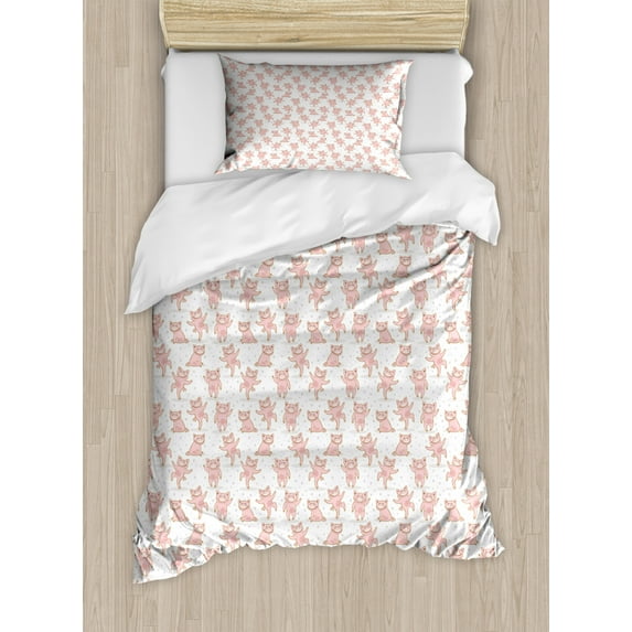 Piglet Duvet Cover Set, Pig Silhouettes Playing Around on a Background of Polka Dots Farm Lifestyle, Decorative 2 Piece Bedding Set with 1 Pillow Shams, Twin Size, Rose and White, by Ambesonne