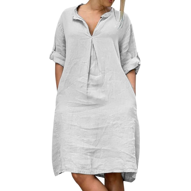 Hyknon Robe d'Été pour Femmes à Col en V, Manches Courtes, Unie, T-Shirts Basiques, Robe Décontractée de Plage, Robes Midi, Grande Taille, Robe de Plage avec Poche, P-5TG