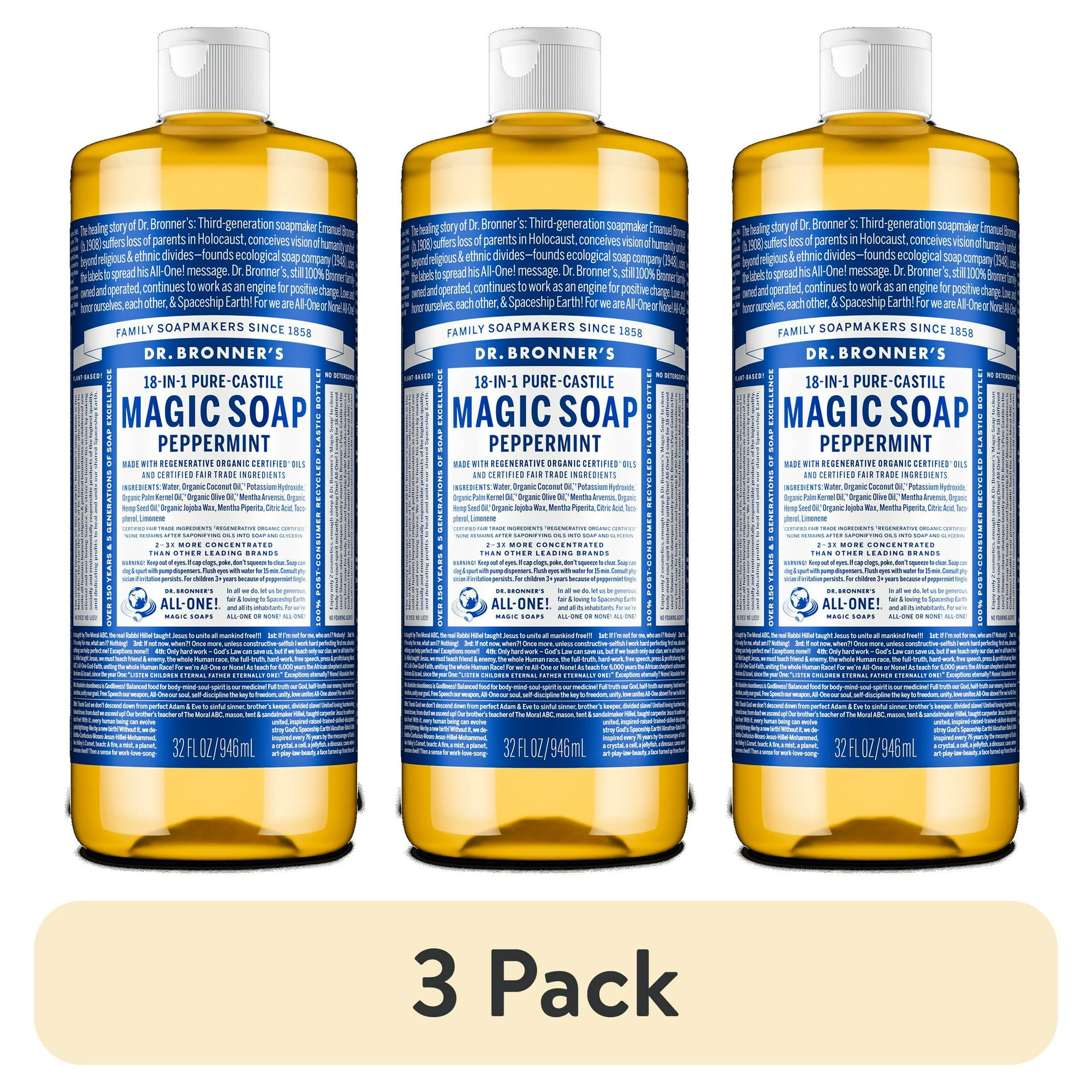 (3 pack) Dr.Bronner's Magic Soap, Peppermint, Pure-Castile Body Wash Liquid Soap, 32 fl oz