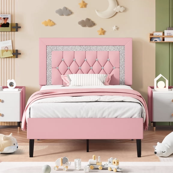 4 EVER WINNER Twin Bed Frame, Upholstered Platform Bed with Headboard, Pink Twin Bed Frame, Diamond Design, Pink