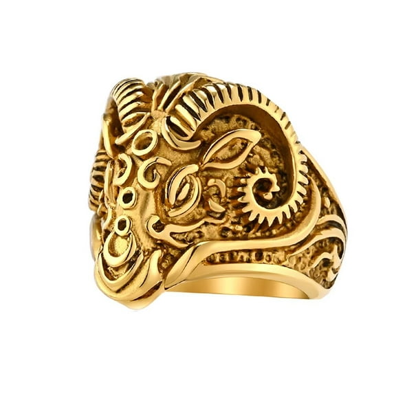 PAURO Men's Vintage Gothic Stainless Steel Rings Ram Sheep Goat Head Horn Biker Rings Punk Style Gold Size 8