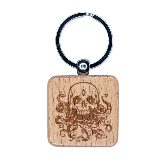 Cthulhu Skull with Octopus Tentacles Eldritch Horror Square Keychain Charm Tag - Engraved Wood