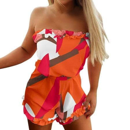

Womens Printing Strapless Sleeveless Tank Jumpsuits Ruffles Jumpsuit Rompers With Belt Baggy Womens Overalls Comfortable Rompers for Women Body Suit Tops for Women Evening Suit Womens Rompers