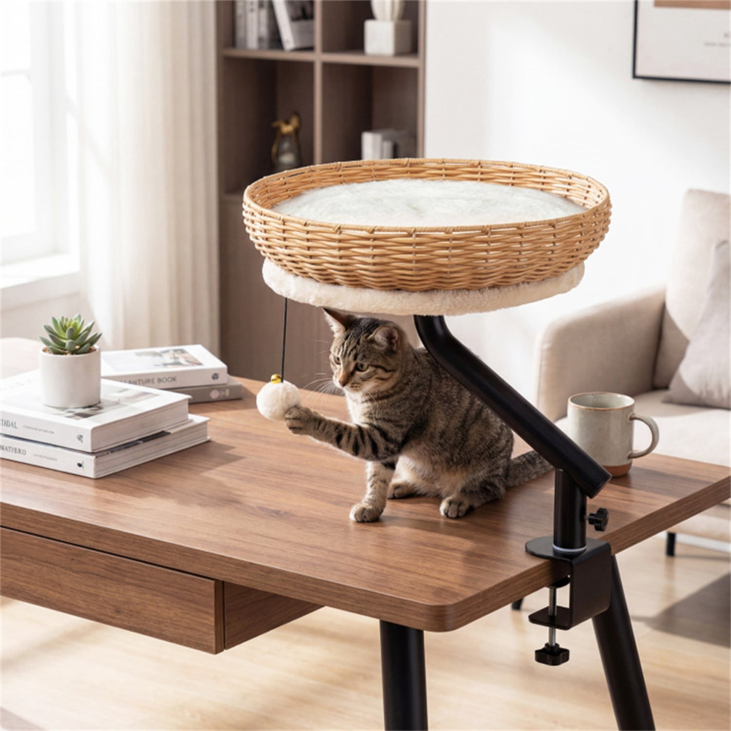 360° Rotatable Desktop Cat Bed Perch, 2-in-1 Workspace Cat Retreat with Jingling Ball (Natural + Black + White)