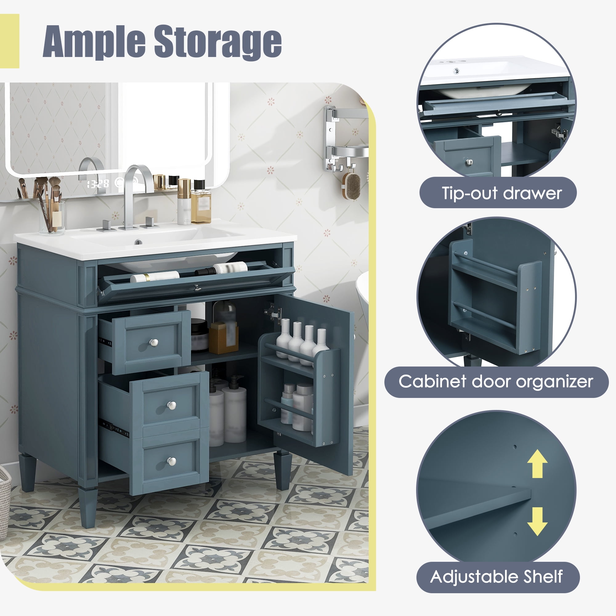 30'' Bathroom Vanity with Top Sink, Modern Bathroom Storage Cabinet with 2 Drawers and a Tip-out Drawer, Single Sink Bathroom Vanity