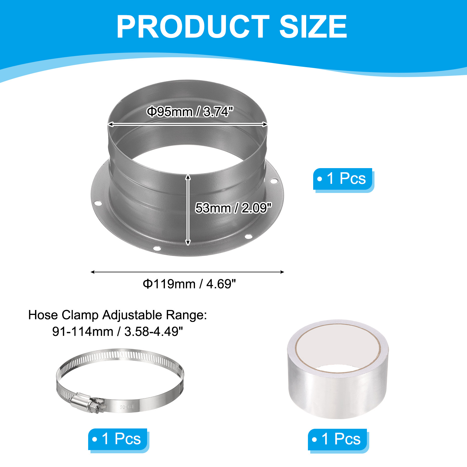 Uxcell 4" Duct Connector Flange, Metal Straight Pipe Flange with Clamp, Silver