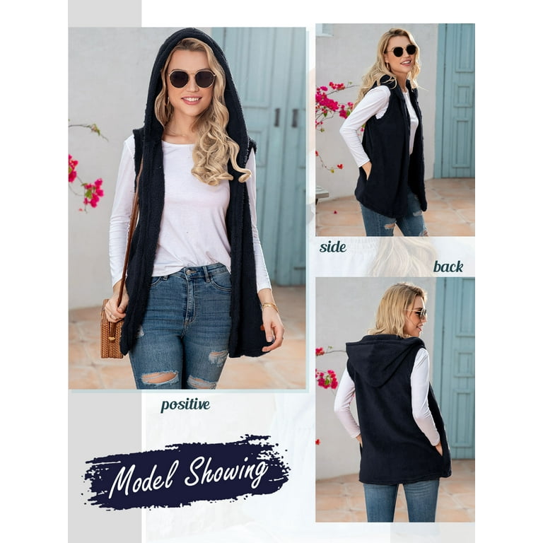 ZXSXSY Women Open Front Solid Color Sleeveless Fleece Hooded ZXSXSY Women Open Front Solid Color Sleeveless Fleece Hooded