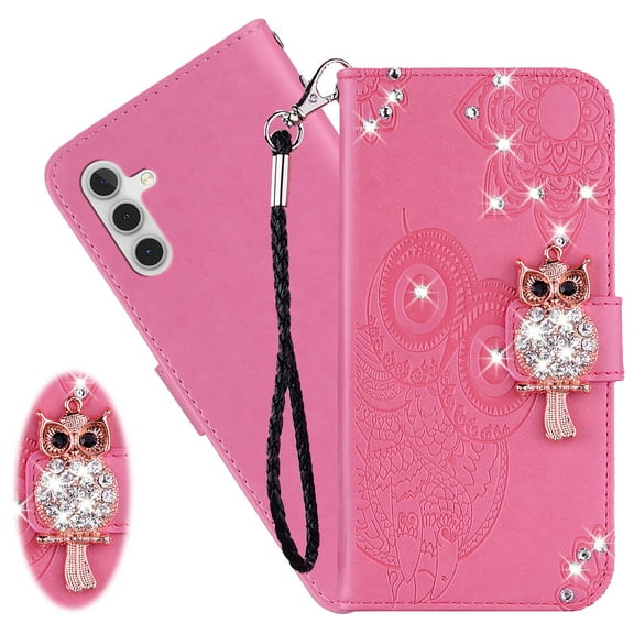 CCSmaller for Samsung Galaxy S23 FE Wallet Case (Not S23) for Women, Glitter Bling Diamond PU Leather Flip Folio Cover with Card Slot & Wrist Strap Phone Case for Samsung Galaxy S23 FE Owl Pink