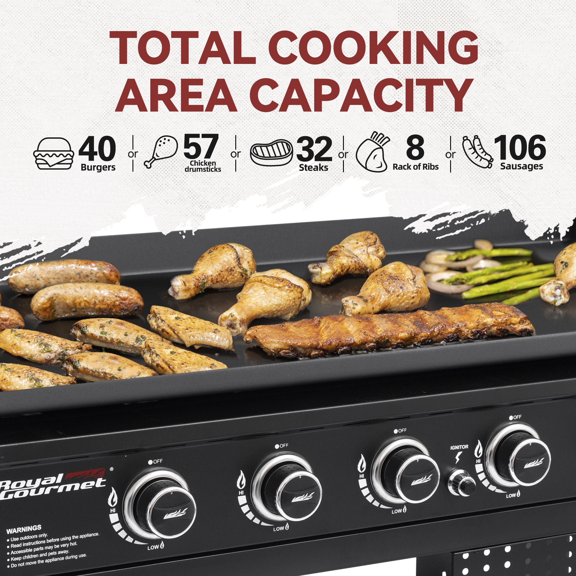 Royal Gourmet  44" 6-Burner Flat Top Gas Grill Griddle, Griddle with Foldable Side Shelves, Front Spice Rack, Double-Layer Bottom Shelves, GB6000