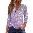 thumbnail image 2 of Feancey Big Deal Days 3/4 Sleeve Henley Tops for Women 2025 Trendy Sequin Print Loose Tunics Spring Dressy Casual Button Up V Neck Blouses Pullover Top Purple S, 2 of 5