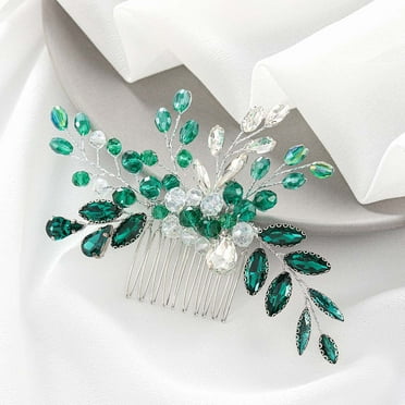 Bride Wedding Silver Hair Comb Green Rhinestone Bridal Hair Piece Prom Beaded Hair Accessories Hair Side Comb for Women and Girls