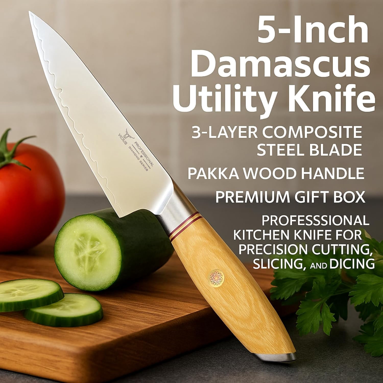 5-Inch Utility Knife, 3-Layer 10Cr15CoMoV Damascus Steel Blade, Razor Sharp Kitchen Knife for Slicing & Dicing, Pakka Wood Handle, Gift Box