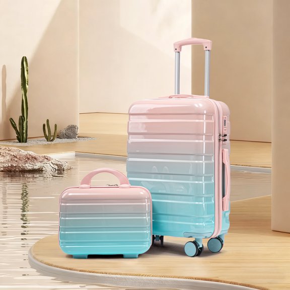 14"/20" 2 pcs/set in PC Spinner Wheel Luggage, Carry on Suitcase, With Gradient Color and Combination Lock(Blue Pink)