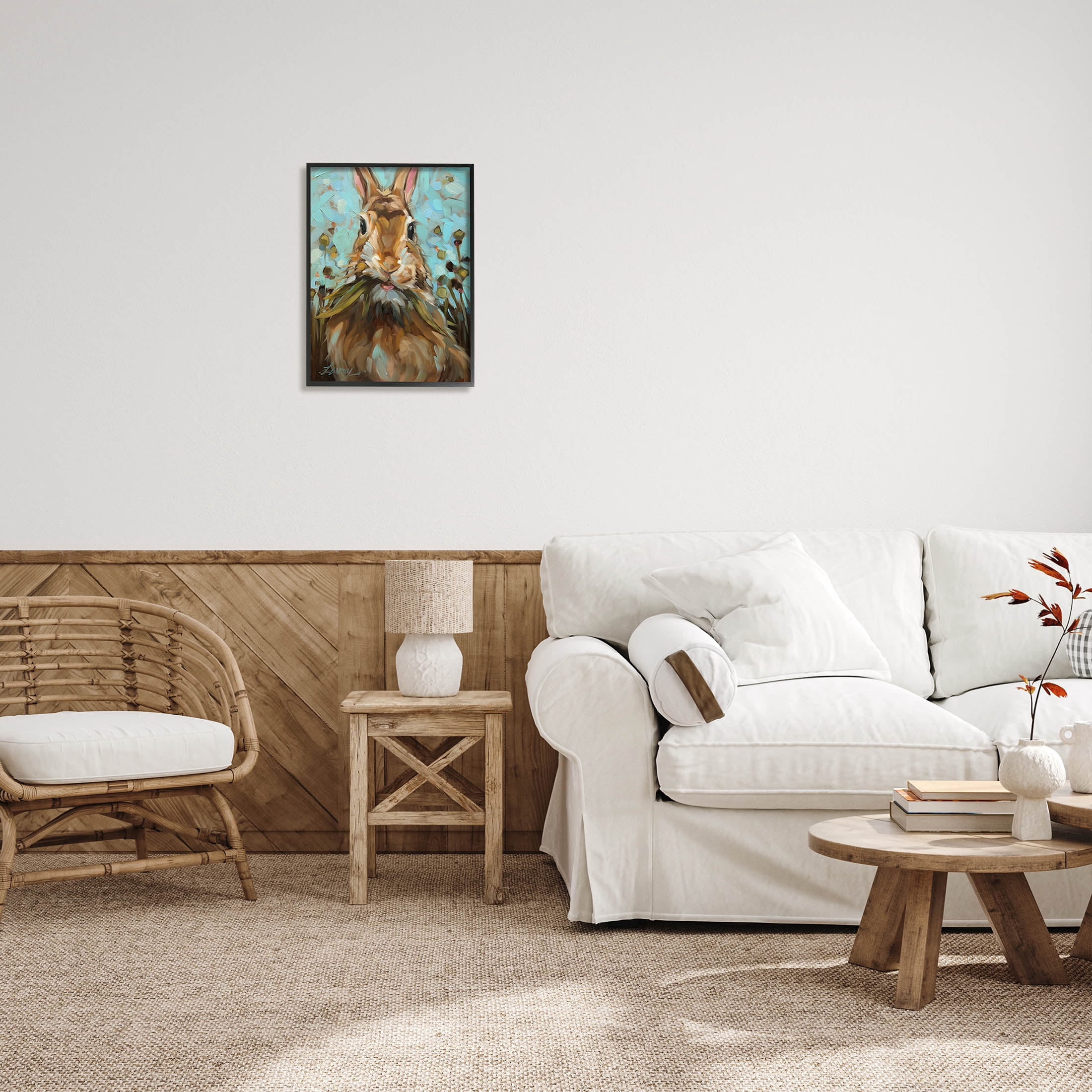 Wildlife Rabbit Eating Grass Animals & Insects Painting Black Framed Art Print Wall Art